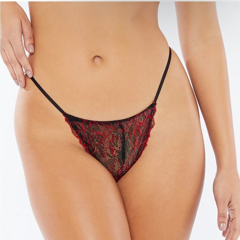 Savage X Fenty Embroidered Lace G-String Black Caviar/Coji Berry Size 1X C-15